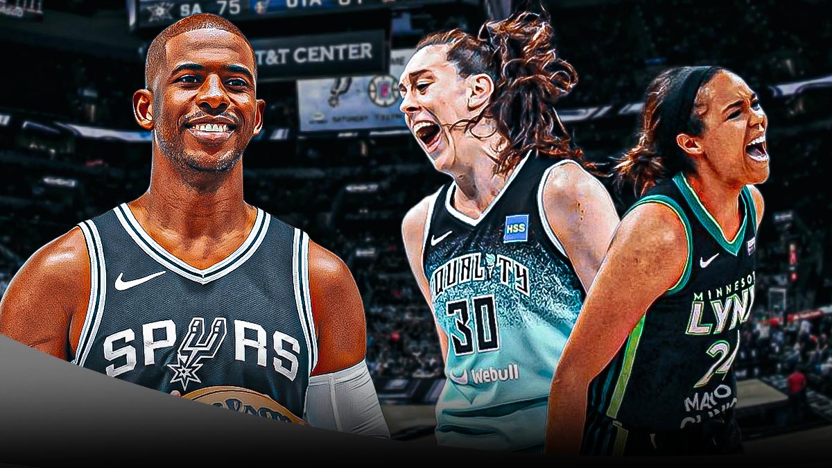 Spurs' Chris Paul smiling, with Lynx's Napheesa Collier and Liberty's Breanna Stewart hyped up