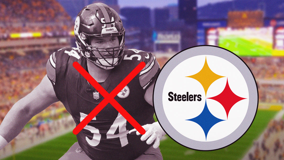 Steelers' Zach Frazier greyed out with a red X over him next to a Steelers logo