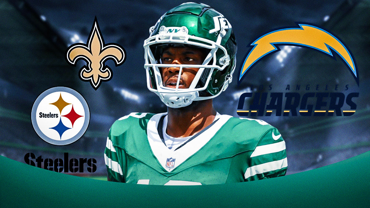 New York Jets wide receiver Mike Williams with logos of Pittsburgh Steelers, New Orleans Saints and Los Angeles Chargers