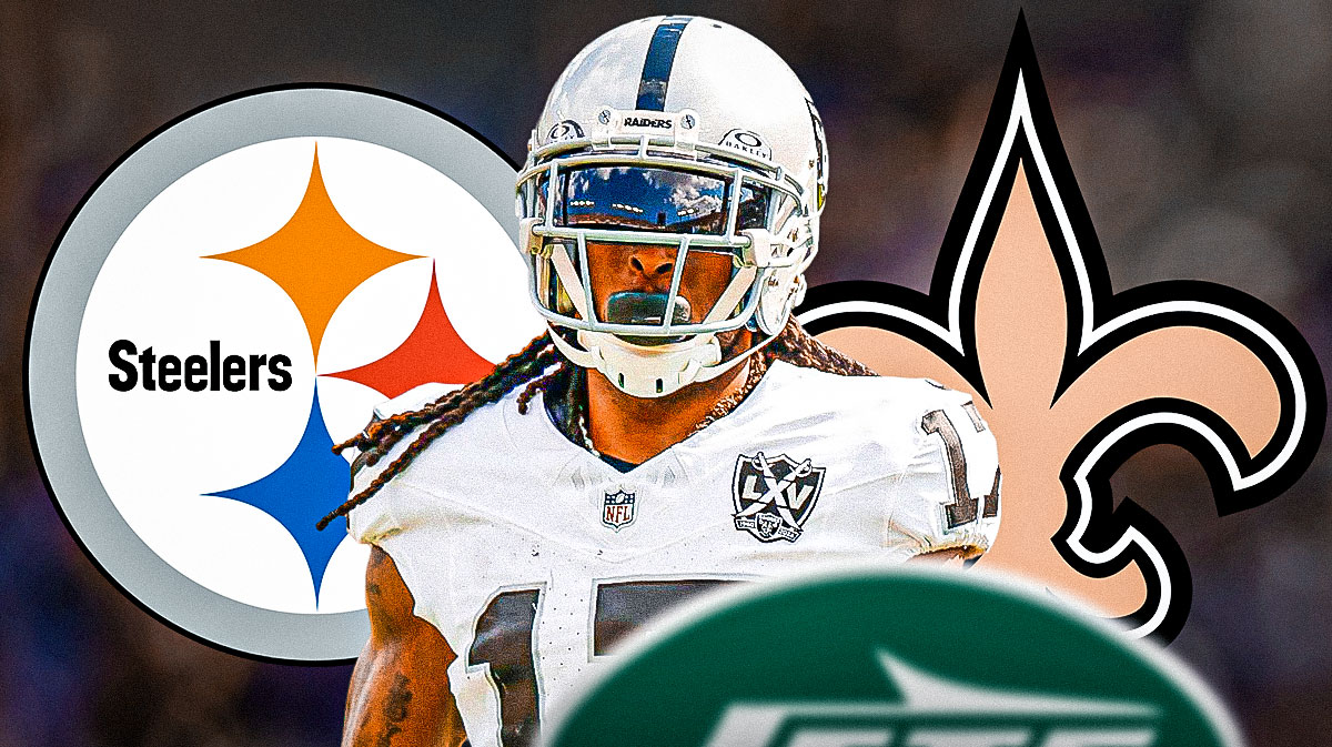 Raiders' Davante Adams next to Steelers, Saints and Jets logos