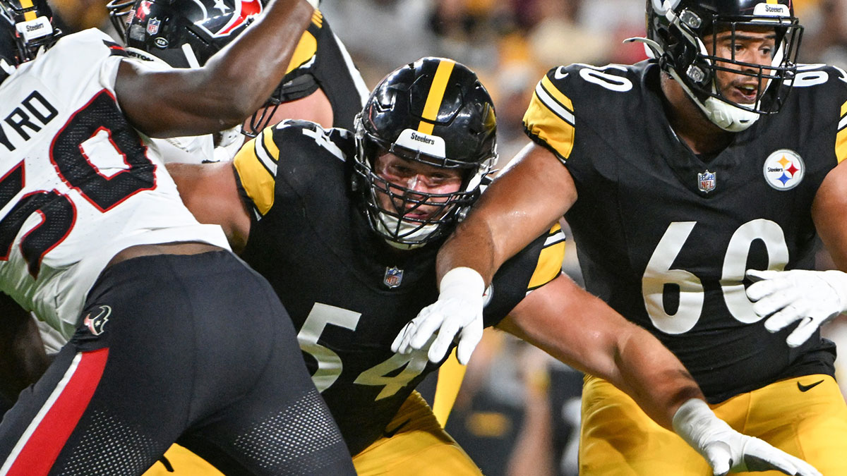 Pittsburgh Steelers center Zach Frazier (54) blocks Houston Texans defensive end Solomon Byrd (50) during the first quarter at Acrisure Stadium