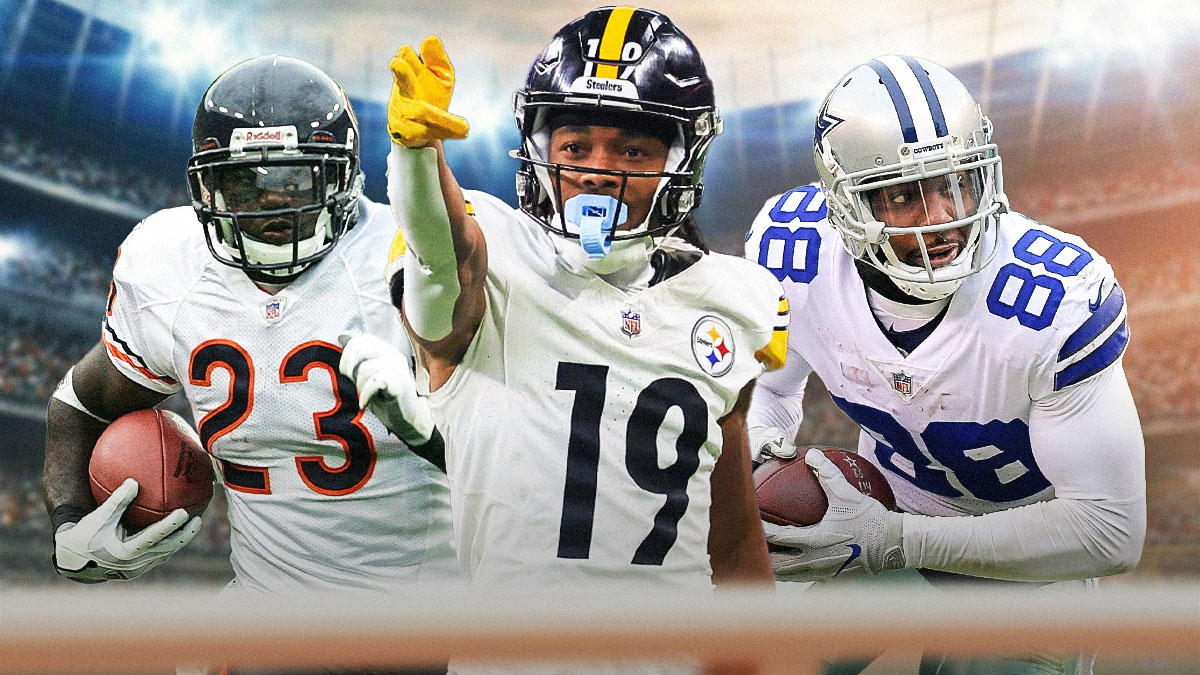 Calvin Austin in a Pittsburgh Steelers uniform celebrating in the foreground with Devin Hester in a Chicago Bears uniform and Dez Bryant in a Dallas Cowboys uniform in the background as Austin joined a touchdown club with Hester and Bryant.