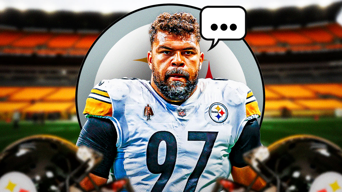 Pittsburgh Steelers defensive lineman Cameron Heyward with a speech bubble that has the three dots emoji inside. There is also a logo for the Pittsburgh Steelers.