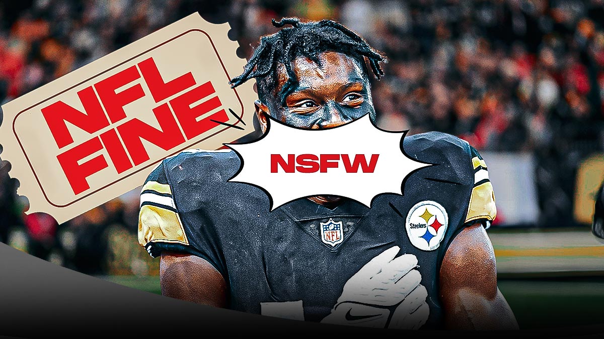 Steelers' George Pickens with his face covered with a sign that says "NSFW" next to a big ticket that says "NFL FINE"