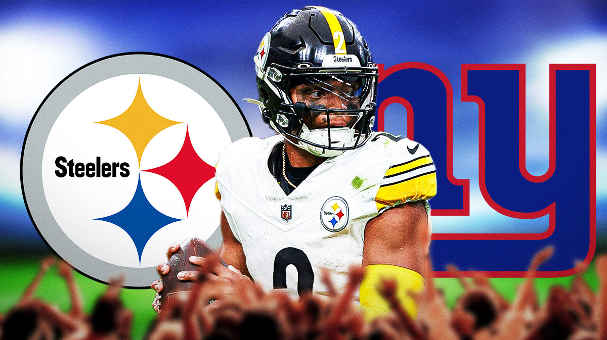 Justin Fields next to Steelers and Giants logos.