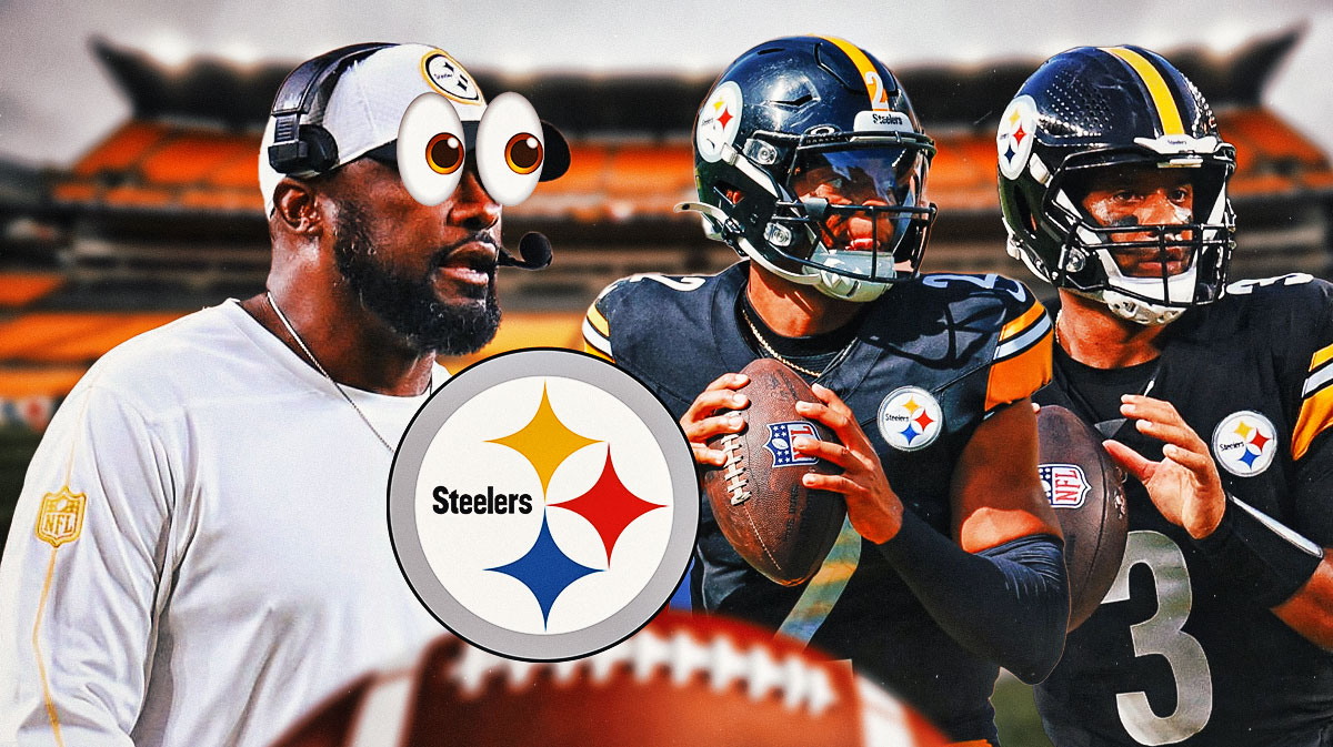 Steelers' Mike Tomlin with emoji eyes looking at Russell Wilson and Justin Fields