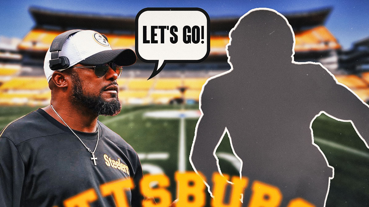 Steelers Mike Tomlin with speech bubble "Let's Go!" next to a silhouette of Roman Wilson in action