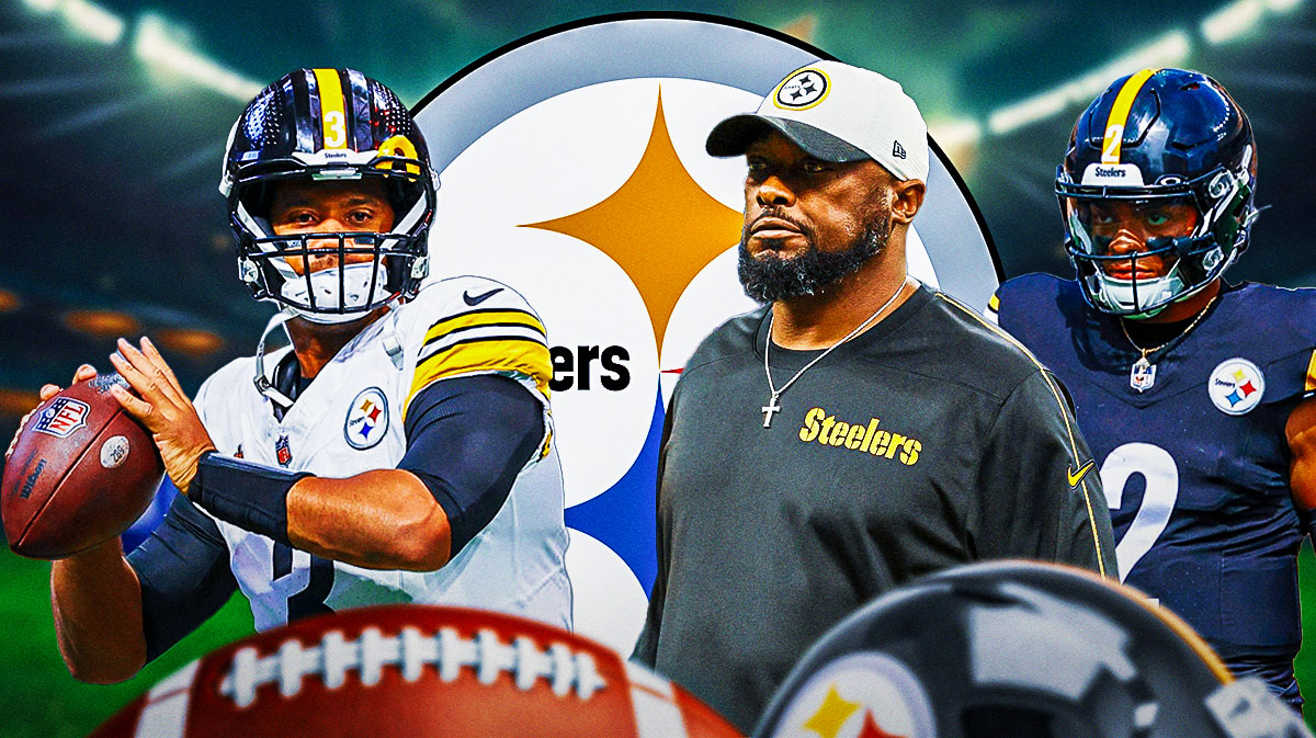 Steelers' Mike Tomlin looking at Russell Wilson throwing a pass with Justin Fields behind him