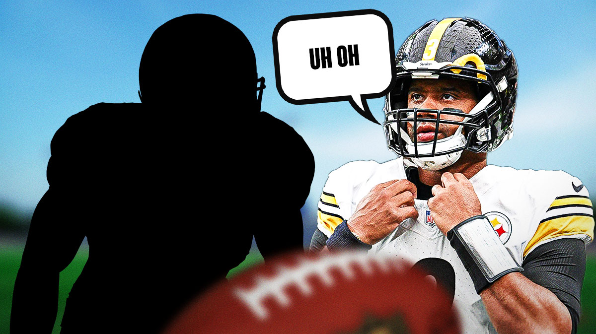 Russell Wilson on one side with a speech bubble that says "Uh oh" a silhouette of a football wide receiver on the other side