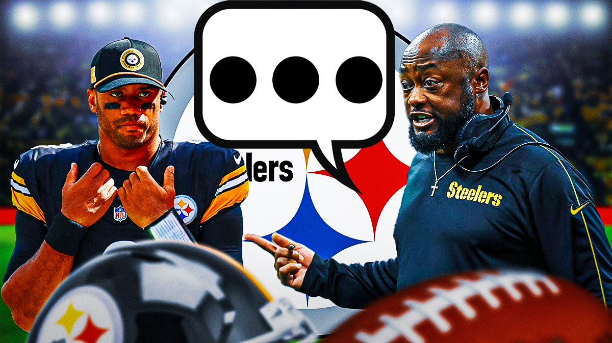 Pittsburgh Steelers head coach Mike Tomlin with a speech bubble that has the three dots emoji inside. He is next to Steelers QB Russell Wilson. There is also a logo for the Pittsburgh Steelers.