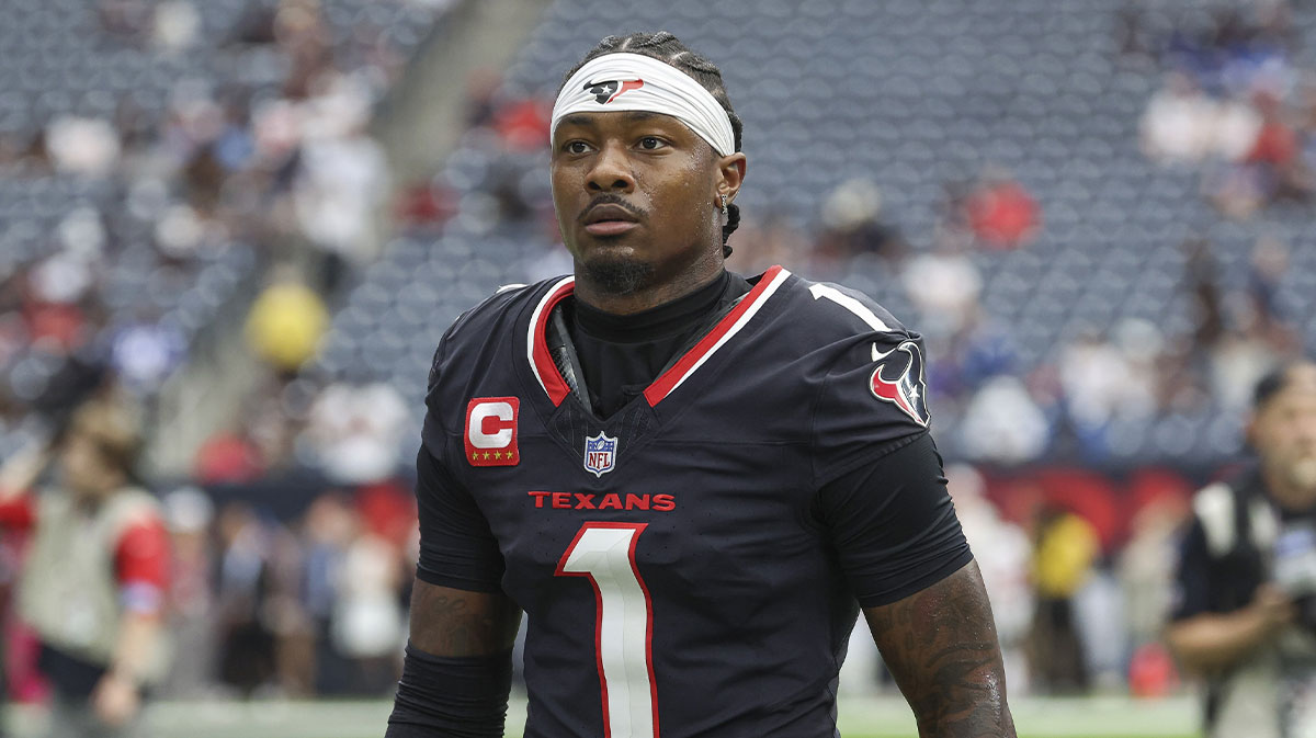     Houston Texans wide receiver Stefon Diggs (1) walks towards the sideline before the game against the Indianapolis Colts at NRG Stadium