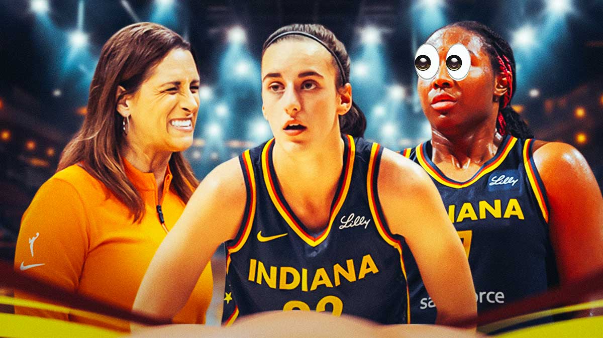 Photo: Stephanie White coaching, Fever stars Caitlin Clark, Aliyah Boston behind her with peeping eyes
