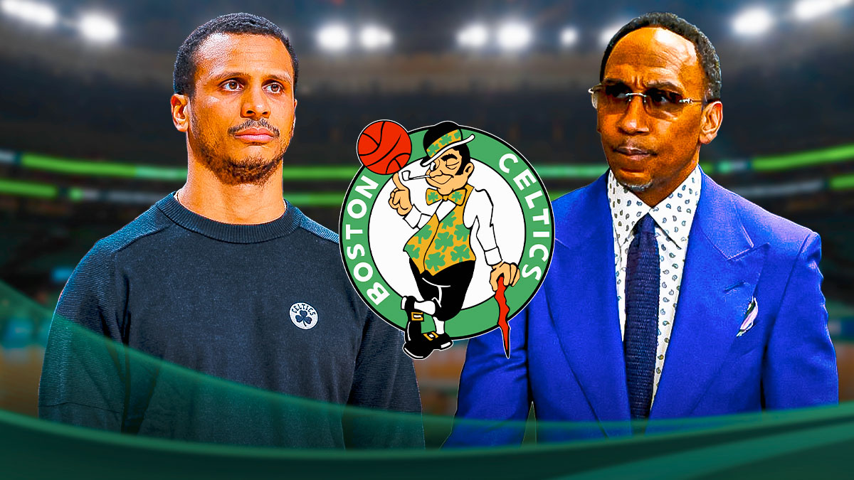 ESPN analyst Stephen A Smith next to Joe Mazzulla & the Celtics logo