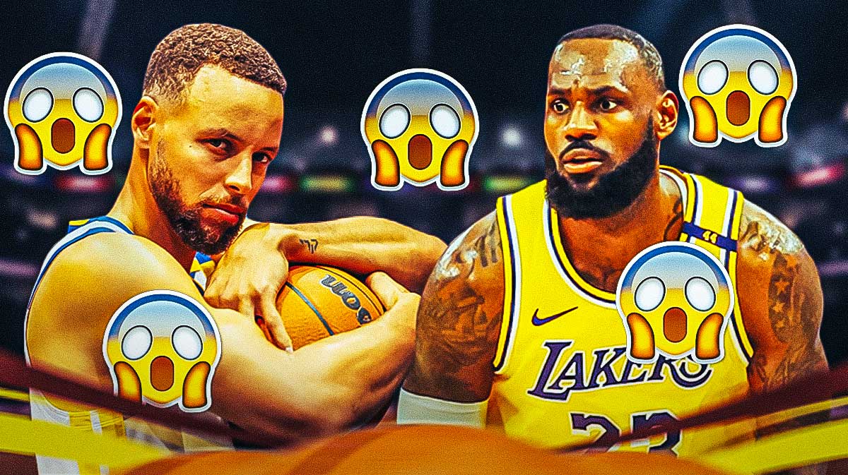 Stephen Curry in a Warriors jersey and LeBron James in a Lakers jersey with shocked face emojis surrounding the picture.