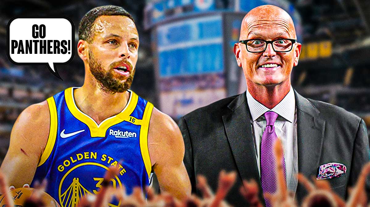 Steph Curry saying, "Go Panthers!" with Scott Van Pelt laughing at him featuring a Warriors-themed BG.