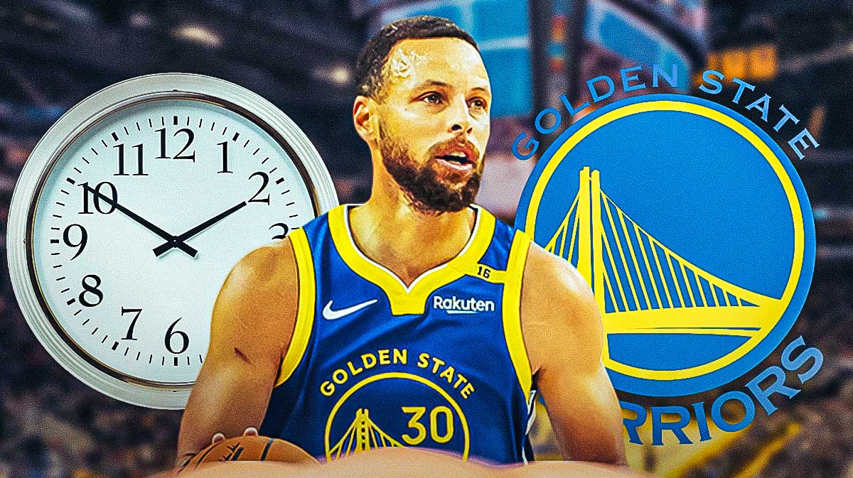 Warriors' Stephen Curry next to a big clock and a Warriors logo