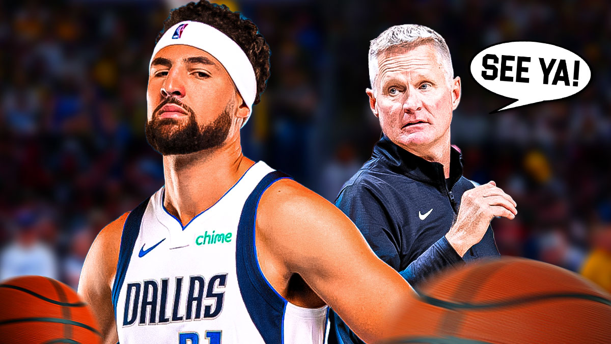 Steve Kerr with speech bubble saying "See Ya!" to Klay Thompson