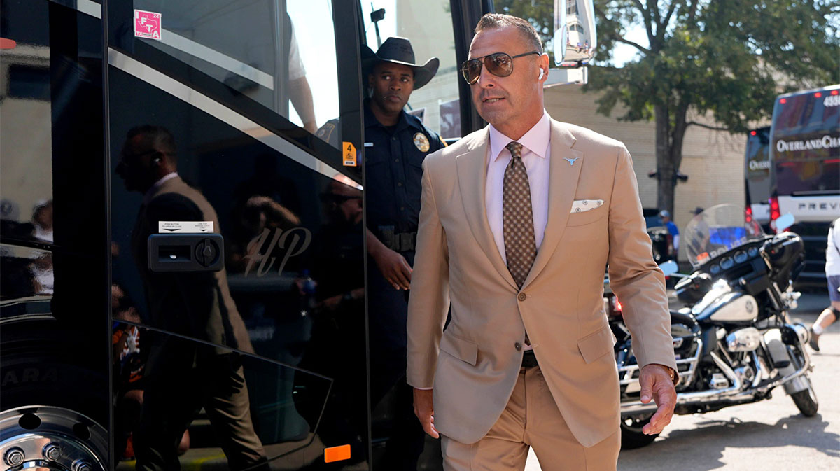 Texas coach Steve Sarkisian arrives before the Red River Rivalry college football game between the University of Oklahoma Sooners (OU) and the Texas Longhorns at the Cotton Bowl in Dallas, Saturday, Oct. 12, 2024.