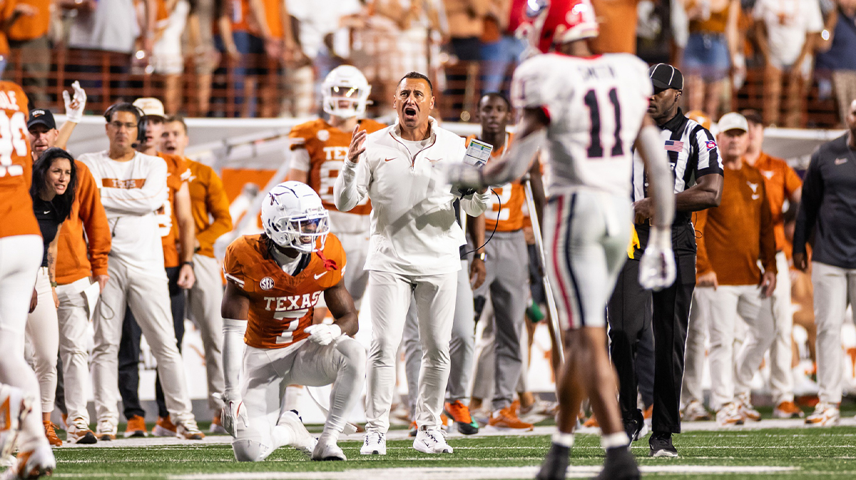 Texas Longhorns head coach Steve Sarkisian and corner back Jahdae Barron (7) react after a pass interference call in the third quarter against the Georgia Bulldogs at Darrell K Royal-Texas Memorial Stadium.