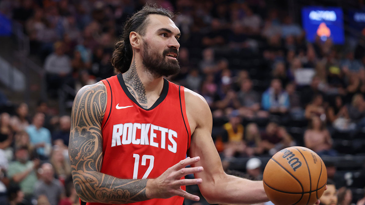 Salt Lake City, Utah, USA; Houston Rockets center Steven Adams (12) inbounds a pass against the Utah Jazz during the second quarter at Delta Center.