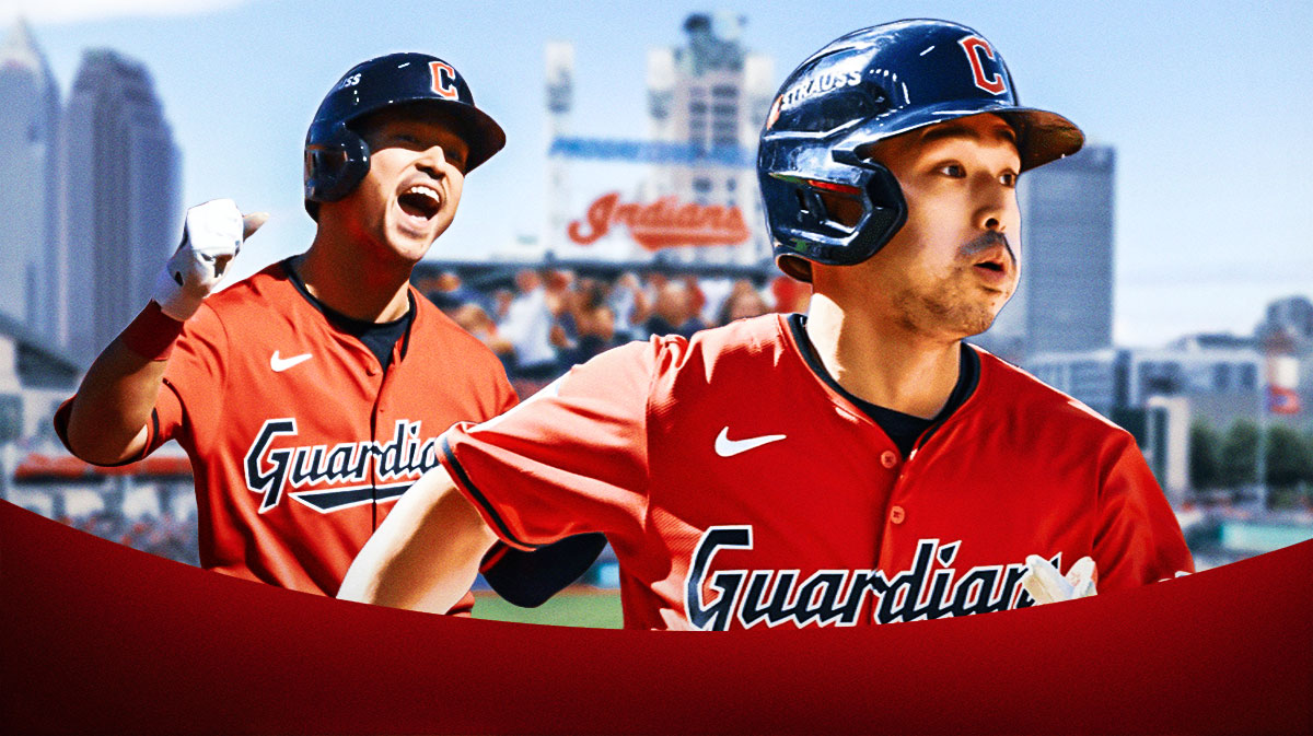 Steven Kwan batting in a Cleveland Guardians uniform as he made postseason history for the Guardians with a record leadoff hit.