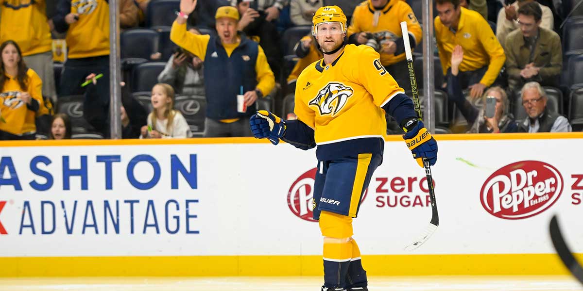 Nashville Predators center Steven Stamkos (91) celebrates his goal against the Detroit Red Wings during the third period at Bridgestone Arena.