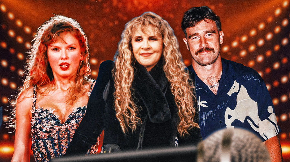Fleetwood Mac icon Stevie Nicks in between Taylor Swift and Kansas City Chiefs tight end Travis Kelce.