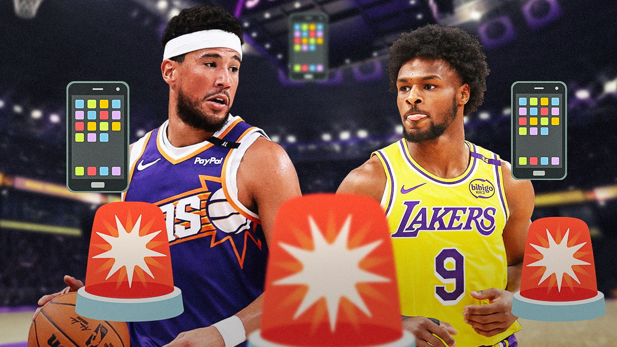 Devin Booker, standing next to Bronny James, with cell phone emojis and siren emojis around them.
