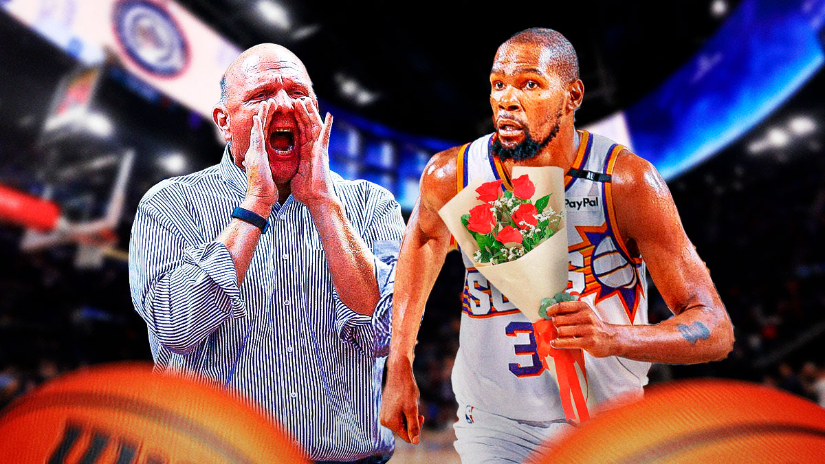 Kevin Durant giving flowers to a screaming Steve Ballmer