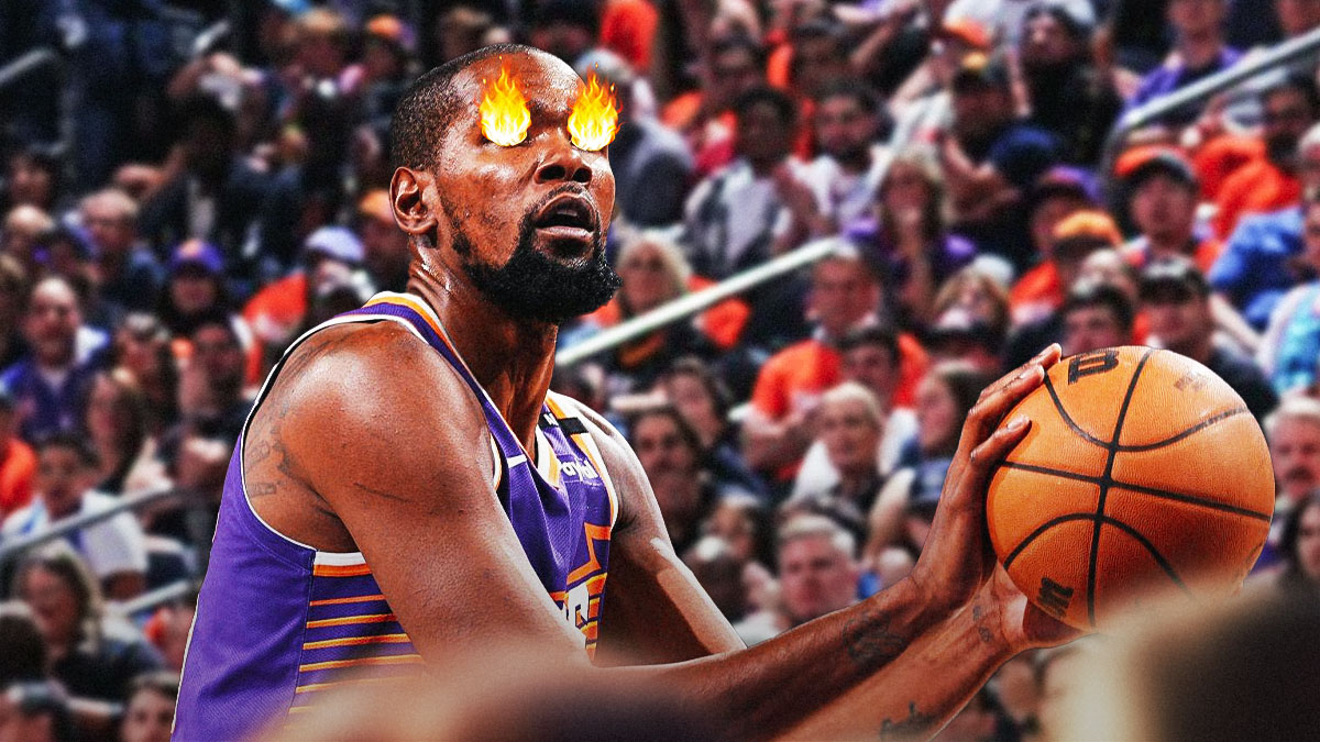Phoenix Suns forward Kevin Durant with fire over his eyes and shooting a basketball covered in fire, with the Suns logo behind him.