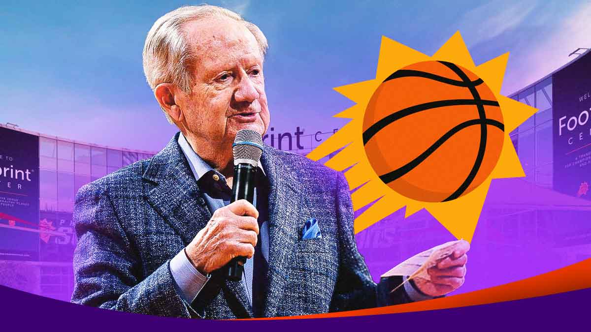 Former Phoenix Suns broadcaster Al McCoy, with a Suns logo, as well as the outside of Footprint Center in the background
