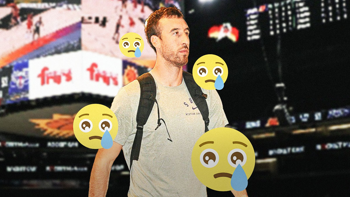 Phoenix Suns center Frank Kaminsky with a backpack on, tear emojis around him, and a background of the Footprint Center