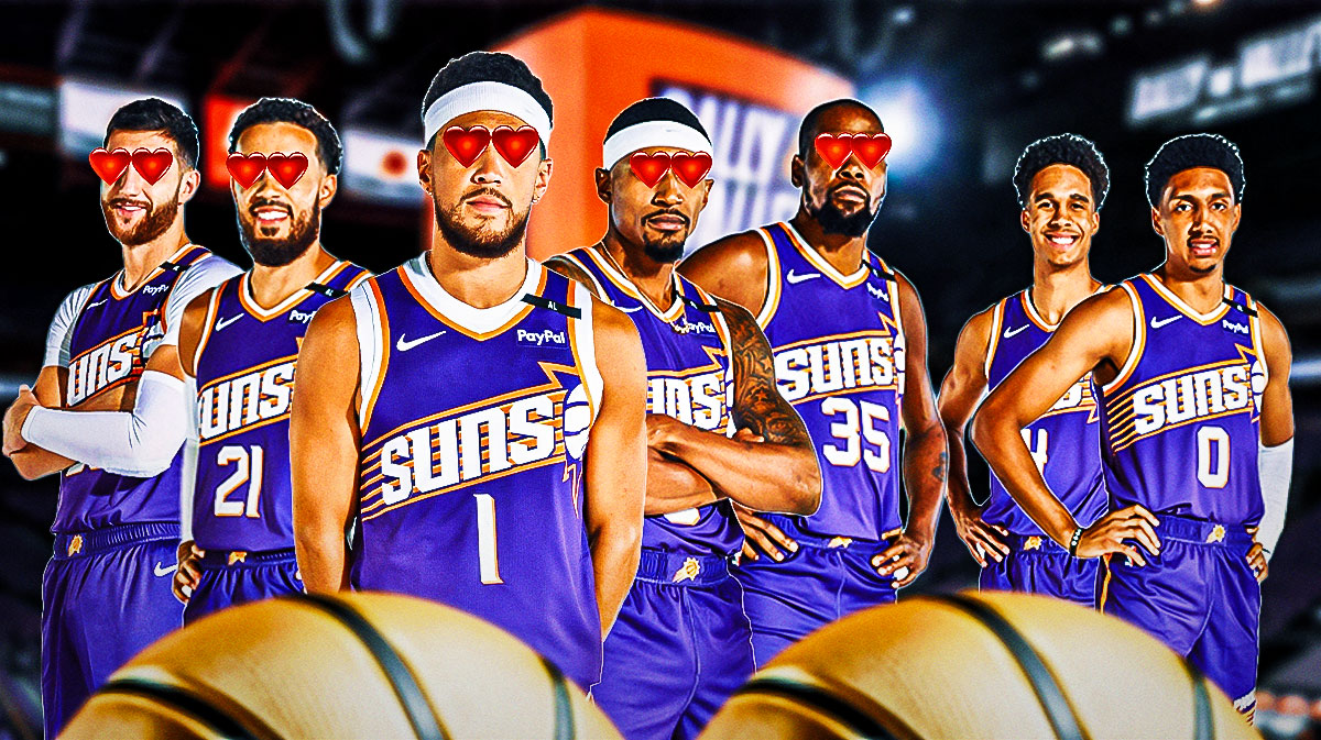 The Phoenix Suns starting five of Devin Booker, Bradley Beal, Tyus Jones, Kevin Durant, and Jusuf Nurkic all with hearts over their eyes, and next to them is Suns rookie Oso Ighodaro and Ryan Dunn with a background of the inside of Footprint Center.