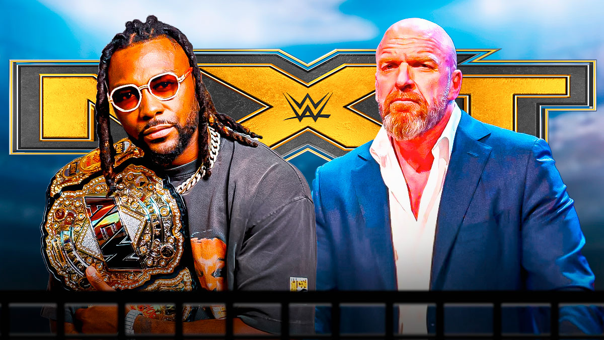 Swerve Strickland (2024) next to Triple H with the NXT logo as the background.