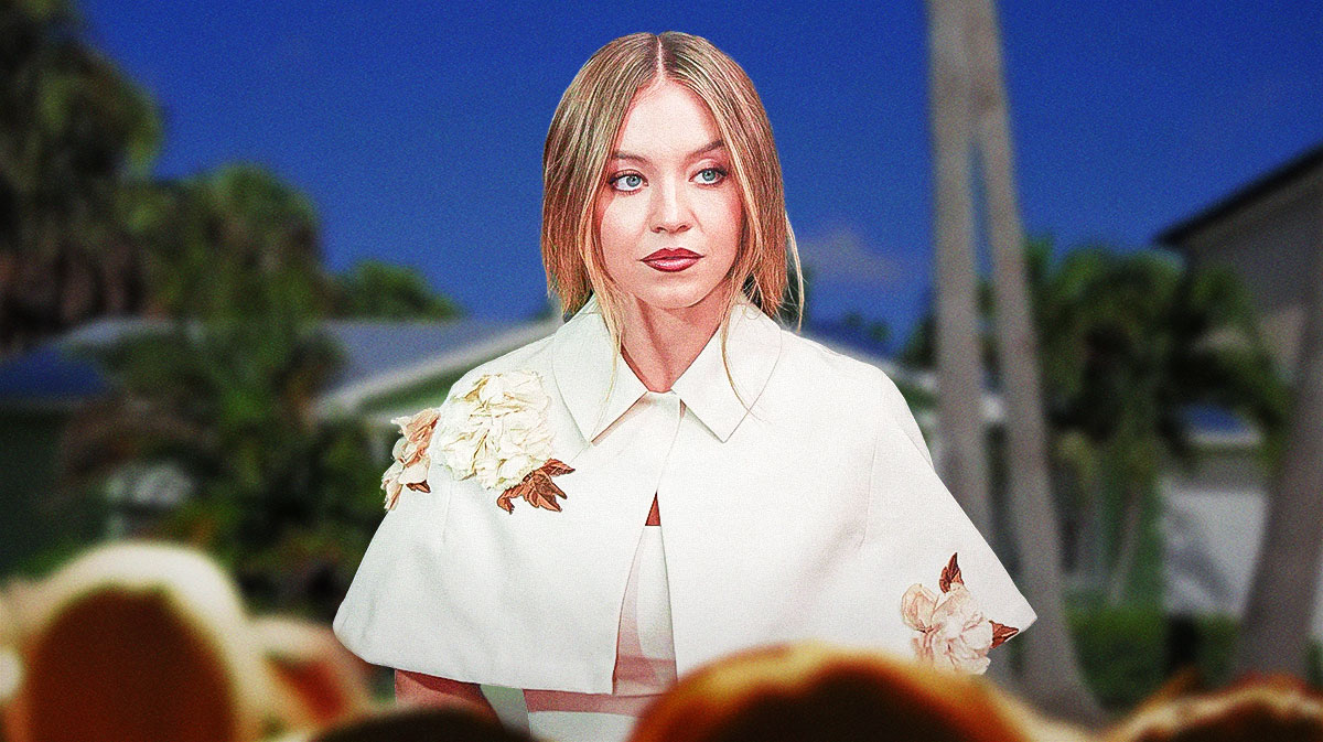 Sydney Sweeney, who recently condemned paparazzi for doxxing her home, with Florida neighborhood background.