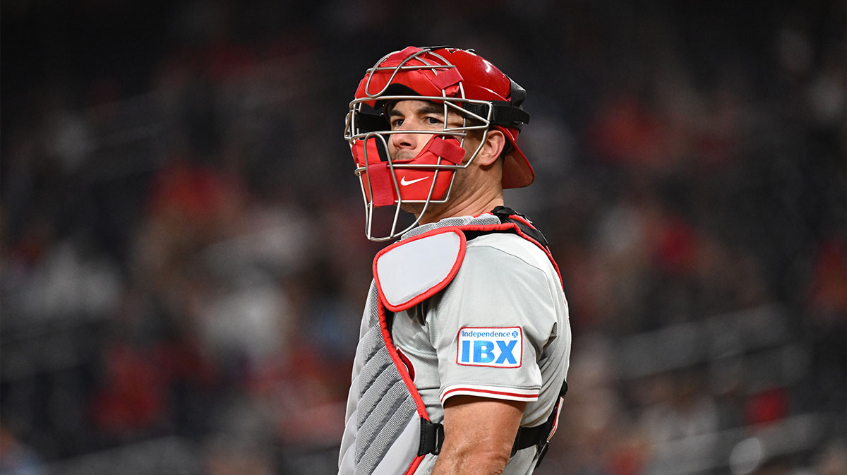 Philadelphia Phillies catcher J.T. Realmuto (10) looks out to the crowd during the first inning against the Washington Nationals at Nationals Park.