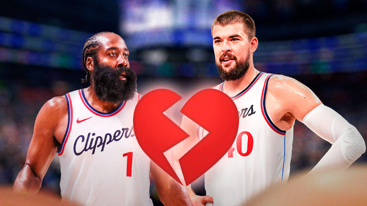 Clippers' James Harden and Ivica Zubac with a broken heart in between them