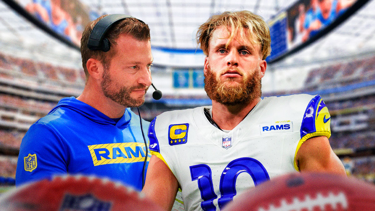 Cooper Kupp and Sean McVay with a Rams logo
