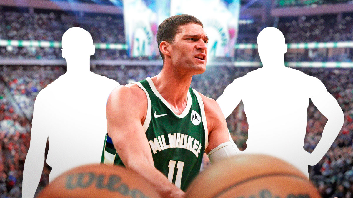 Bucks' Brooke Lopez in the middle next to silhouette of Damian Lillard and silhouette of Bobby Portis