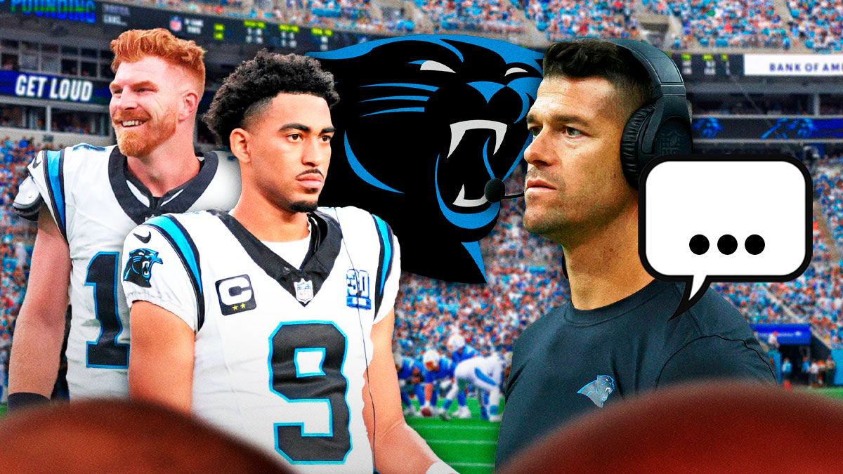 Carolina Panthers head coach Dave Canales with a speech bubble that has the three dots emoji. Next to him are Panthers QBs Bryce Young and Andy Dalton. There is also a logo for the Carolina Panthers.