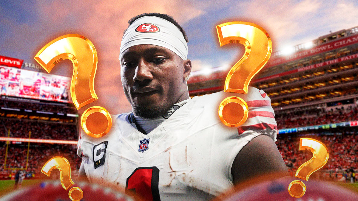 Deebo Samuel with question marks surrounding the picture.