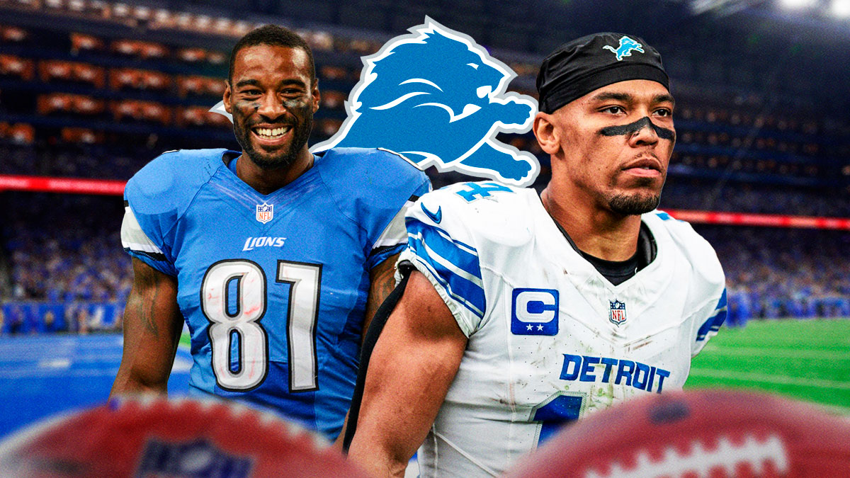 Lions wide receiver Amon-Ra St. Brown next to Lions Hall of Fame wide receiver Calvin Johnson & the Lions logo next to a football field in the background