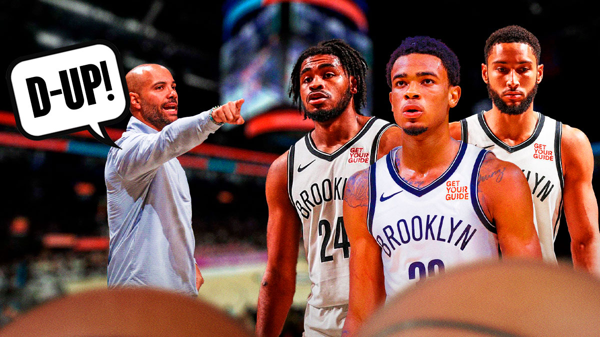 Jordi Fernandez yelling, "D-up!" with Nic Claxton, Ben Simmons, and Cam Thomas on the other side