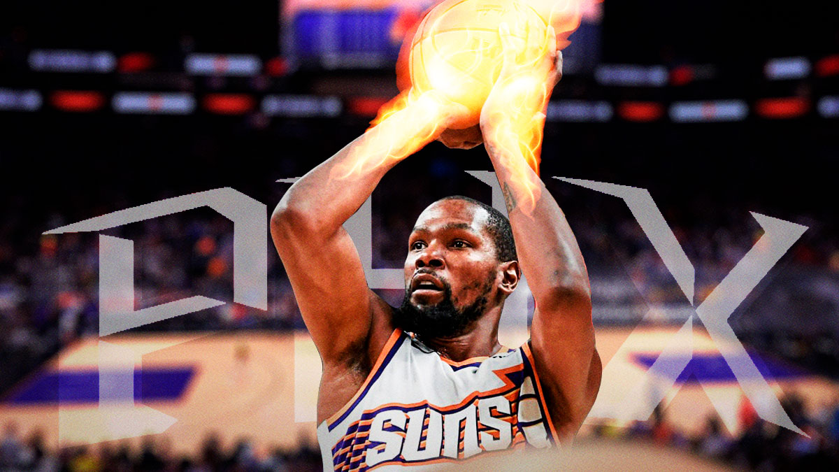 Phoenix Suns forward Kevin Durant shooting a fadeaway jump shot with the ball being covered in fire.