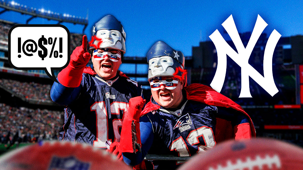 Angry Patriots fans screaming with Patriots jerseys on & the New York Yankees logo next to them with Gillette Stadium in the background