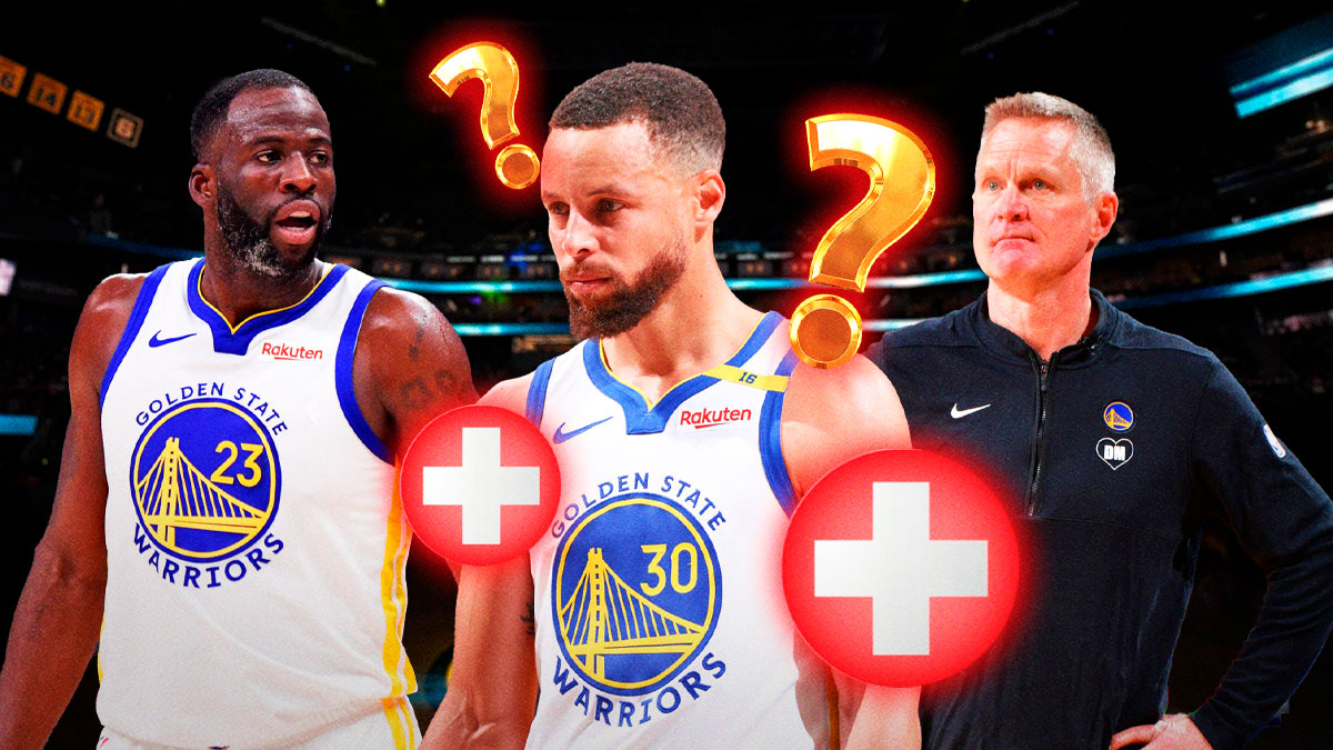 Warriors' Stephen Curry with injury label and question marks next to Draymond Green and Steve Kerr