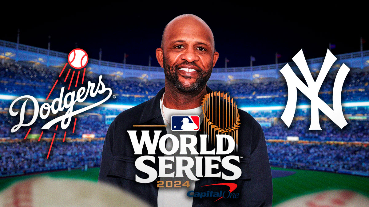 CC Sabathia next to Yankees, Dodgers, World Series logos