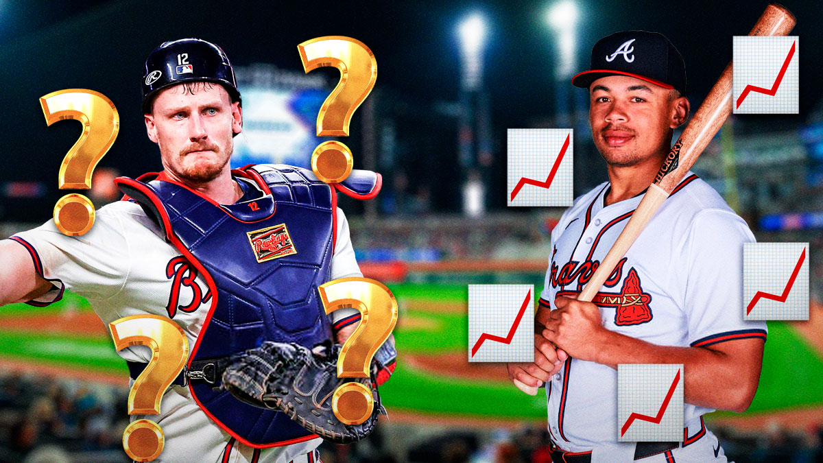 Braves catcher Sean Murphy on the left side with question mark emojis surrounding him. On the right side, Braves' Drake Baldwin with this emoji: 📈