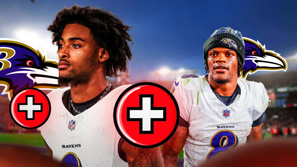 Lamar Jackson looking disappointed with medical crosses next to Nate Wiggins