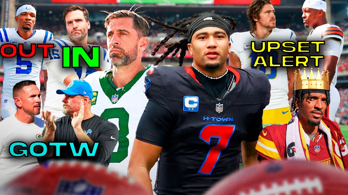 The NFL Week 9 picks, predictions, and odds column featuring a collage of - - Texans CJ Stroud and Jets Aaron Rodgers large and in the middle - Lions Dan Campbell and Packers Matt LaFleur with "GOTW" stamped over them - Commanders Jayden Daniels with a crown on his head - Browns Jameis Winston and Chargers Justin Herbert with "Upset Alert" stamped over them - Colts Joe Flacco with IN stamped over him and Anthony Richardson with OUT stamped over him